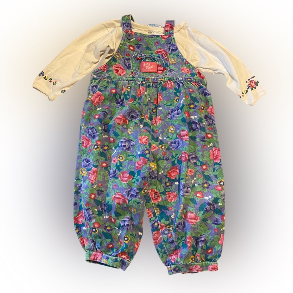 Vtg Oshkosh Bgosh Baby Bgosh Floral Bib Bubble Overalls Shirt (2) Pc 18/24 Mths